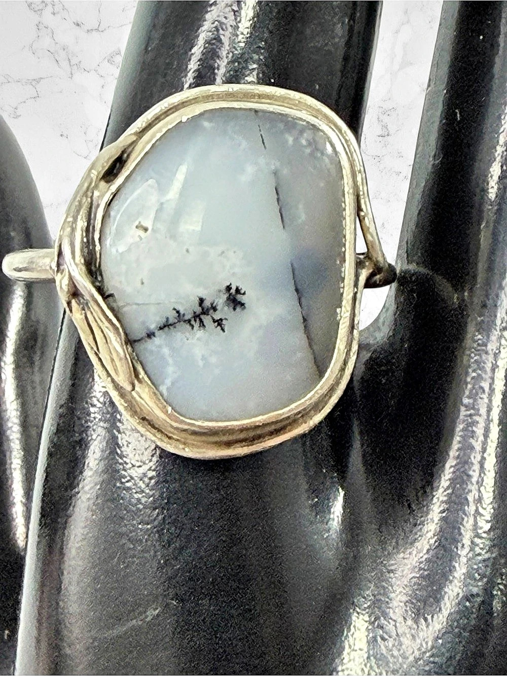 Sterling Silver 925 Dendrite Opal Agate Ring Size 10 Cabochon Cocktail Leaf Wrap
